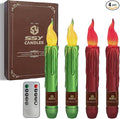 Christmas Metallic Red Green Flameless Short Taper Candles, Hand Dipped LED Battery Operated with Remote, Flickering Flame Lights for Home Décor, 6.7 Inch Primitive Flameless Candles, 4PCS