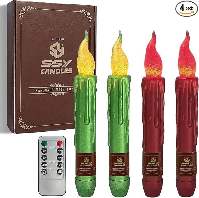 Christmas Metallic Red Green Flameless Short Taper Candles, Hand Dipped LED Battery Operated with Remote, Flickering Flame Lights for Home Décor, 6.7 Inch Primitive Flameless Candles, 4PCS