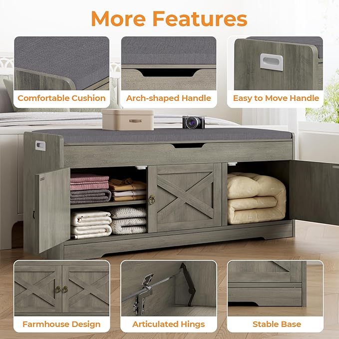 Farmhouse Shoe Storage Bench with Cushion Seat, 3-Tier Entryway Bench with Lift Top Storage and Adjustable Shelf, Bench for Hallway, Bedroom, Grey
