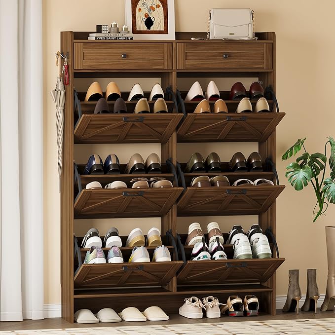 Shoe Cabinet for Entryway, Farmhouse Shoe Storage Cabinet with 6 Flip Drawers and 2 Top Drawers, Tall Narrow Shoe Organizer Cabinet with Adjustable Shelves, Side Hooks and Anti-Tip Kit