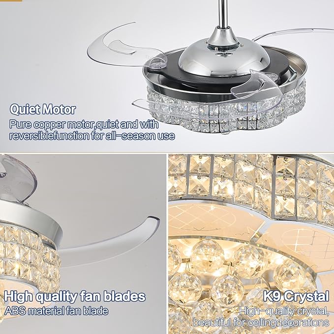 48" RGB Bluetooth Ceiling Fan with Light and Speaker, Retractable Blades Crystal Fandelier Music Player LED Chandelier Silver