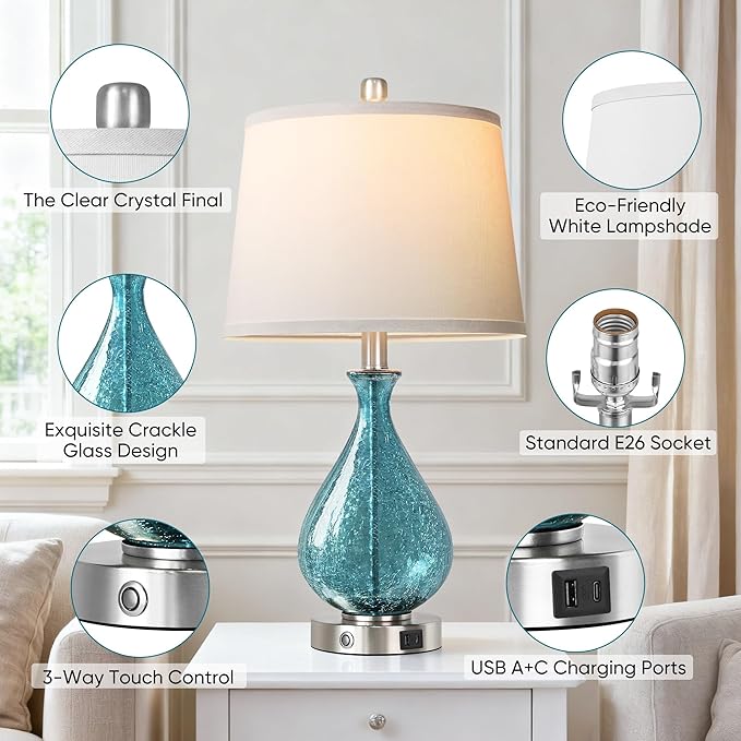 QiMH Glass Table Lamp for Living Room Bedroom Set of 2, 22.5" LED Light with Touch Control, Blue 3 Way Dimmable Modern Bedside Lamps for Home Decor with White Fabric Shade