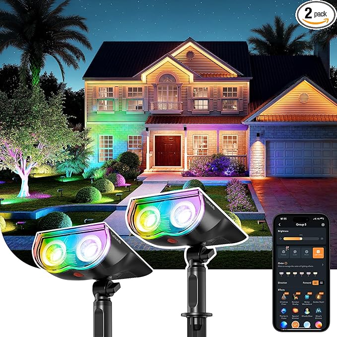 Linkind Smart Solar Spot Lights Outdoor SL5C, Solar Lights Outdoor Spotlight Cool/Warm White/Color Changing, APP/Voice Control, IP67 Easter Decorations for Yard, Garden, Pathway(2 Pack)