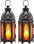 DECORKEY Set of 2 Moroccan Lanterns Decorative Indoor & Outdoor, 11’’ Medium Size Vintage Metal Hanging&Tabletop Candle Holder Decor, Halloween Christmas Ramadan Decorations for Home (Amber)