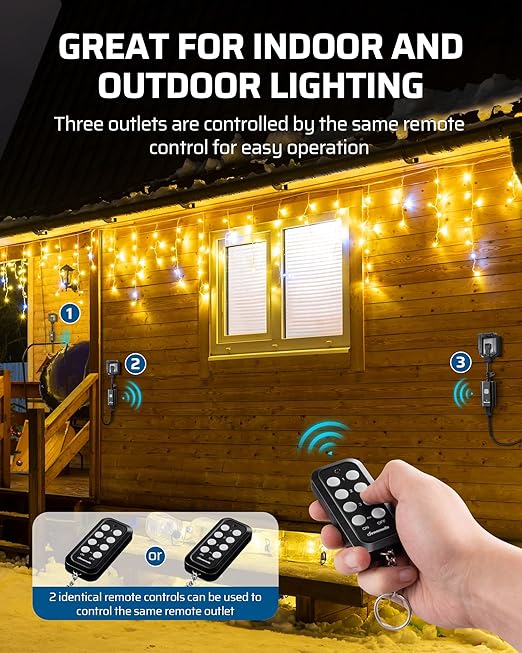 DEWENWILS Outdoor Remote Control Outlet, Weatherproof Heavy Duty 15A Wireless Remote Control Switch, 100FT Control Range, 2 Remotes & 3 Outlets (Battery Included)