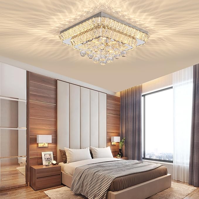18" Crystal Ceiling-Light Flush Mount with Remote Control and APP, 3 Colors Temp & Brightness Adjustable, Modern Crystal Raindrop Chandeliers for Bedroom Hallway Dinning and Living Rooms-square