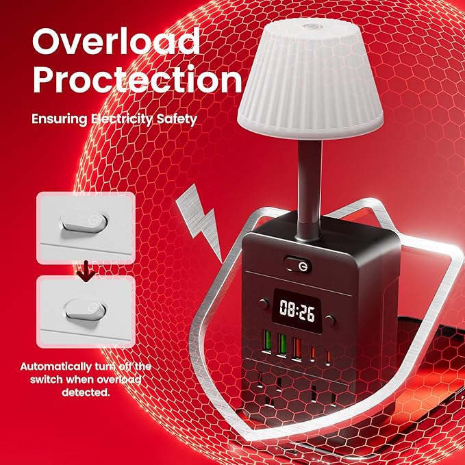 Lamp & Power Strip with Digital Clock, 4 Outlets 5 USB Ports (2 USB C), Dimmable Nightstand Light with 3 Color Temperatures, Multi-Functional Wall Outlet Extender for Bedroom, Dorm, Office, Black