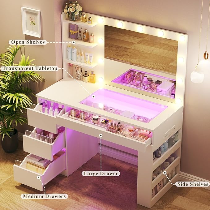 Vanity Desk with Lighted Mirror & Transparent Top, Makeup Vanity Desk with 4 Transparent Drawers and RGB Lighting, Built-in Power Outlet, 3-Tier Side Shelves & Storage Organizer for Bedroom
