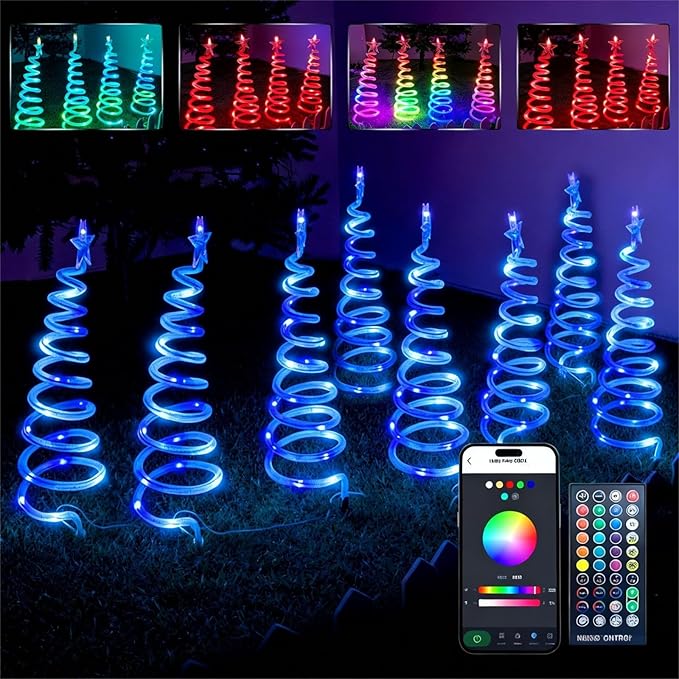 8 Pack Smart Christmas Pathway Lights Outdoor with Music Sync, 100+ Lighting Modes, Waterproof RGB Spiral Christmas Tree Path Lights for Yard, Driveway, Patio, Garden & Landscape Spotlights LED Lights