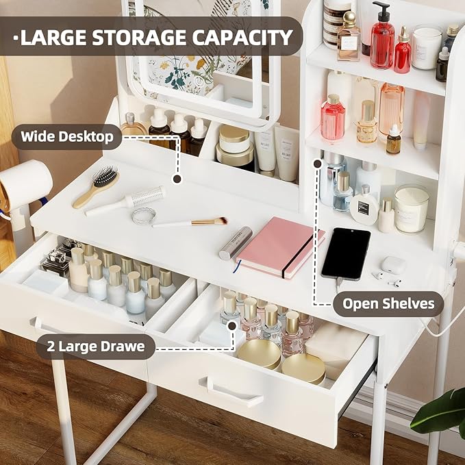 Compact Makeup Vanity for Girls with Mirror and Lights, Vanities Desk with 2 Drawers and Charging Station, Modern LED Lighted Bedroom Dressing Table, White