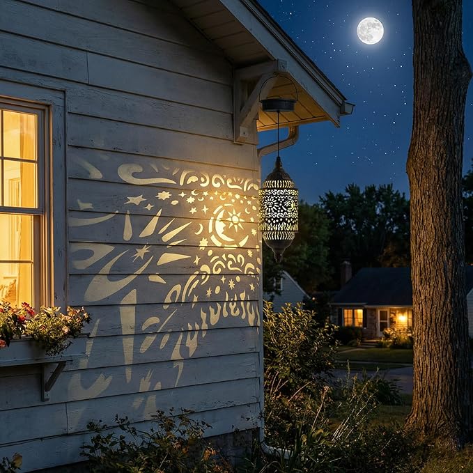 Moroccan Hanging Solar Lights Outdoor Garden Decor Sun and Moon Decorations Solar Lantern Waterproof for Patio Pathway Yard Backyard Garden Decorative (Cylinder, 2)