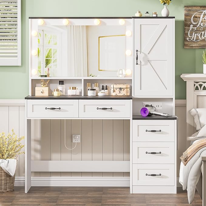 Farmhouse Vanity Desk Makeup Table with Mirror and 10 Lights, 45.3" Large Vanity Desk with Power Outlet, 5 Drawers, 1 Cabinet & 9 Jewelry Hooks, Dressing Table for Women Girls White & Black