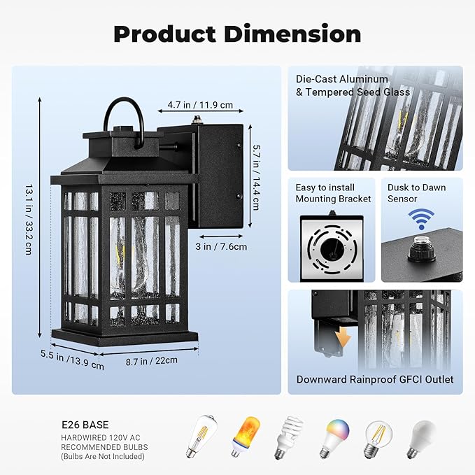 Exterior Lighting Fixtures with GFCI Outlet, Black Dusk to Dawn Outdoor Lights with Bubble Glass, Anti-Rust Outside Wall Sconce Lantern for Garage Coach, Patio Wall Light Fixture with Outlet
