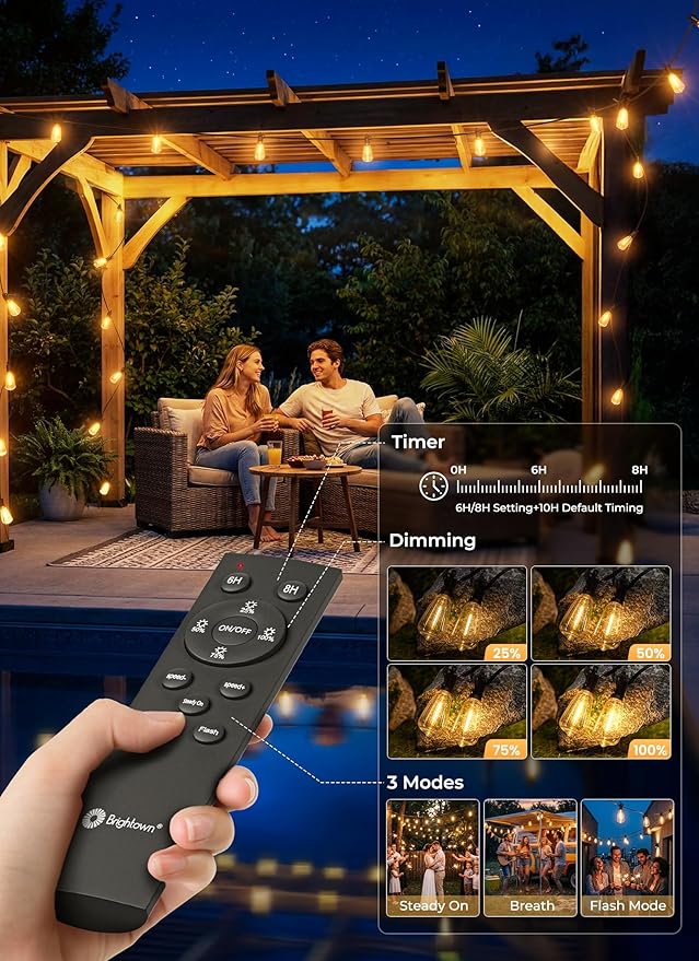Brightown 108FT 50 LED Solar String Lights Outdoor Waterproof, Patio Lights with Remote, Dimmable & Timable, 3 Light Modes, Solar Lights Outdoor for Yard Camping Party Outside