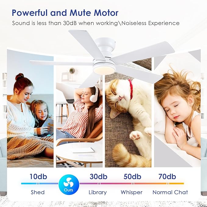 White RGB Ceiling Fans with Lights - 46" Flush Mount Ceiling Fan with Remote APP, RGB+3CCT Dimmable Led Light, Reversible 6 Wind Speeds&2H Timer, Low Profile Modern Fan Light Fixture for Bedroom Party