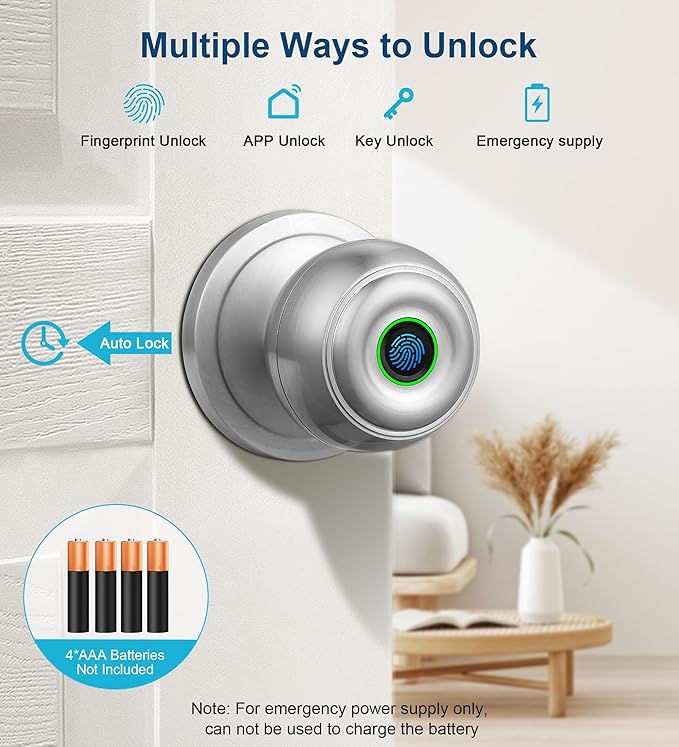 Fingerprint Door Lock, Smart Fingerprint Door Knob with Lock, Biometric Door knob with App Control & Key, Keyless Thumbprint Entry Door Lock for Bedroom, Front Door, Home, Apartment -Satin Nickel