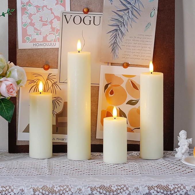 Flickering Flameless Pillar Candles with Remote Control and Cycle Timer,Ivory Pack of 4 Battery Operated(Powered by 2AA) LED Real Wax Tall Fake 3D-Wick Electric Candles(D 2.2” x H 4”,6”,8”,10”)