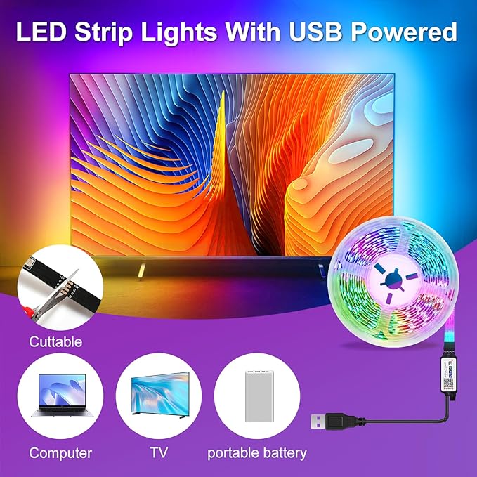 LED TV Lights,16.4ft Smart RGB Strip for 45-75 Inch TVs, Music Sync Bluetooth App & Remote Control, USB-Powered LED Lights for Gaming, Bedroom, PC, Home Theater