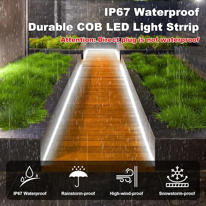 IP67 Waterproof COB LED Strip Lights AC 110V-120V Direct Plug, 100FT Super Bright Outdoor Strip Lights with Double Fuse Controller, 6500K White LED Strips for Garden Patio Commercial Decor