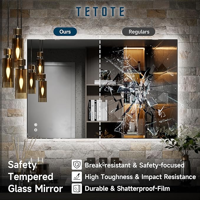 TETOTE 48 x 30 LED Backlit Bathroom Mirror with Light,3Color White/Warm/Natural,Anti-Fog Lighted Mirror,Dimmable,Vanity Mirror,Wall Mounted