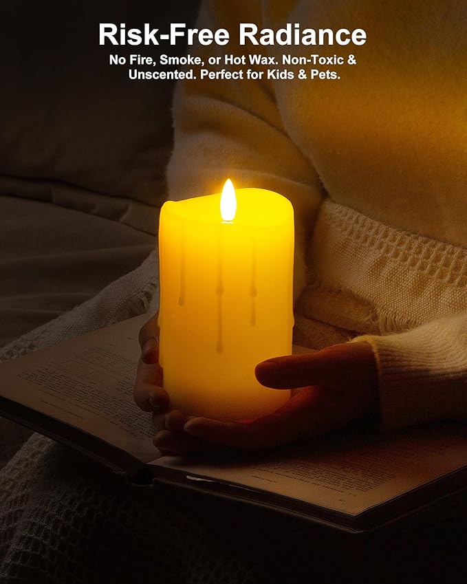 Ivory Flameless Candles with Remote and Timer, Real Wax Made Wax Drip LED Pillar Candles Battery Operated with 3D Flickering Flame Melted Top - 3" x 4",5",6" - Set of 3