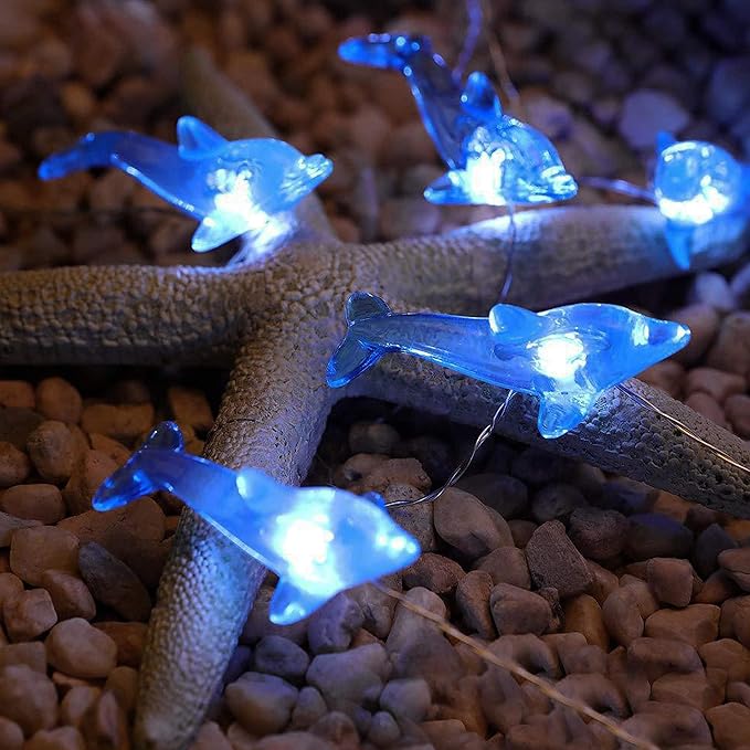 Decorman Dolphin Decorative String Lights, 14ft 40 LED 8 Modes Cool White Weatherproof Battery Operated Ocean Theme Lights for Bedrooms Parties Weddings Gardens with Remote and Timer