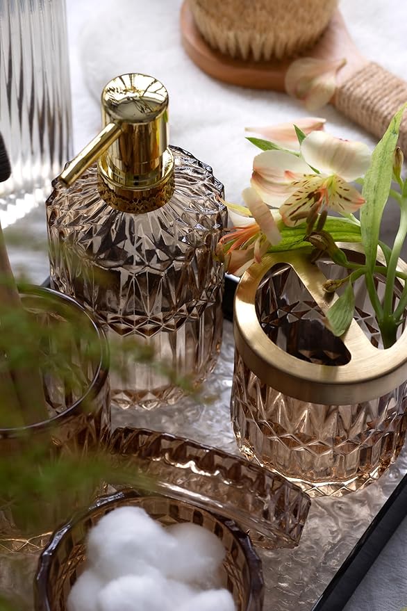 EMPO 6PCS Bathroom Clear Glass Accessories Set (Lotion Soap Dispenser, Soap Dish, Toothbrush Holder, Tumbler, Cotton Swab Jar), Contemporary Modern Decor Crystal Vintage Gift (6pcs Brown)