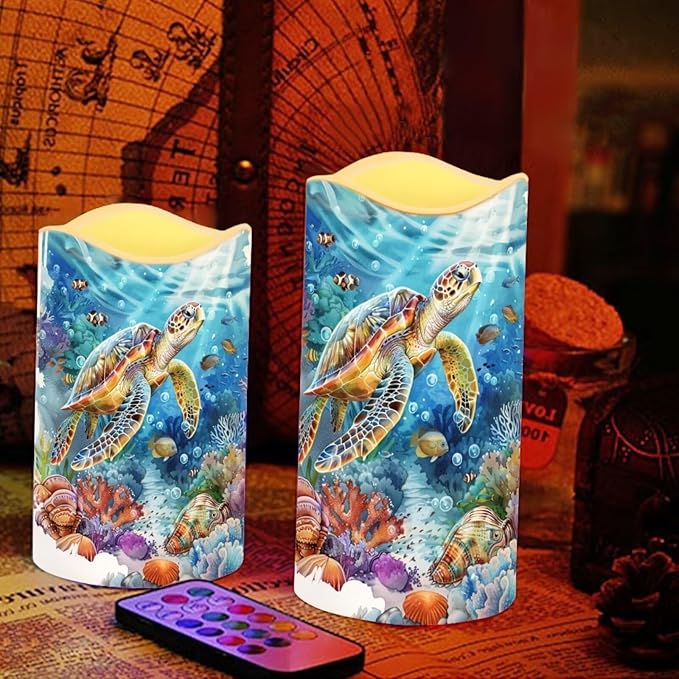 Sea Turtle Pillar Candles Bulk Led Flameless Battery Operated Candles with Timer Remote Color Changing Electric Fake Candles for House Warming Home Decorations Set of 4