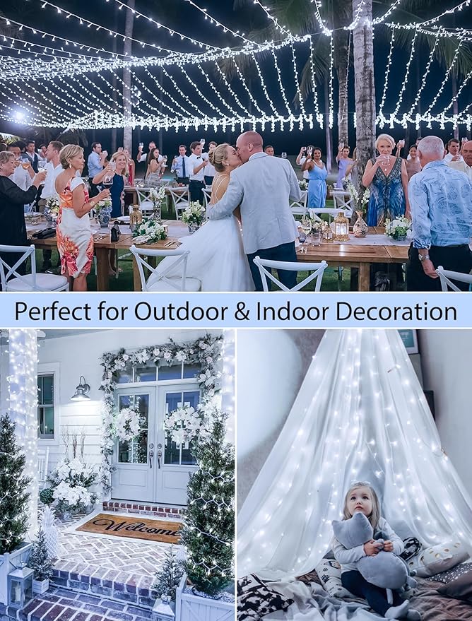 String Lights Indoor Bedroom, 33FT 100 LED Fairy String Lights Outdoor Waterproof, 8 Modes Memory Twinkle Christmas Light Plug in for Classroom Dorm Patio Tree Garden Decor (Cool White)