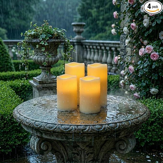 5plots 3" X 5"5" 6" 6" Outdoor Waterproof Candles, Battery Operated Led Ivory White Flameless Candles with 10-Key Remote & Timer for Indoor Home Lantern Holiday Decor, Set of 4