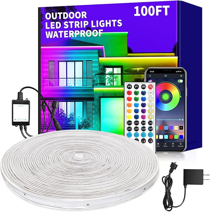 Outdoor LED Strip Lights Waterproof,100ft Outdoor Lights with App/Remote Control, IP68 Waterproof, Music Sync led Lights for Bedroom,Patio, Eave, Halloween Decorations