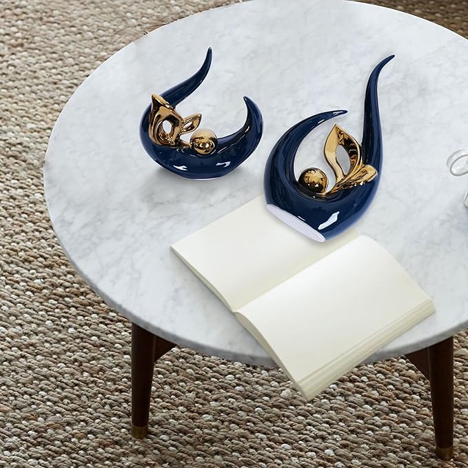 2 PCS Navy Blue Gold Home Decor Accent Ceramic Statue Abstract Sculpture Centerpieces Mid Century Modern Decor for Tables Coffee Table top Decorations for Living Room Desktop Shelf Dining Room Kitchen