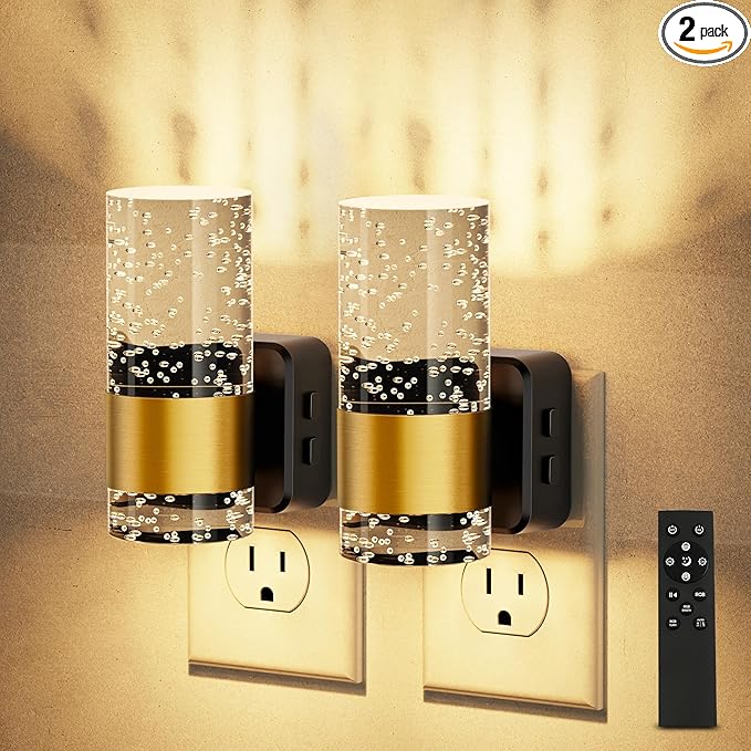 JandCase Night Lights Plug into Wall,2 Pack Color Changing Night Light for Kids with 1 Remote Control, 3000K+RGB LED Nightlight with Light Sensor, 10/50/100LM Adjustable for Rooms Home Decor
