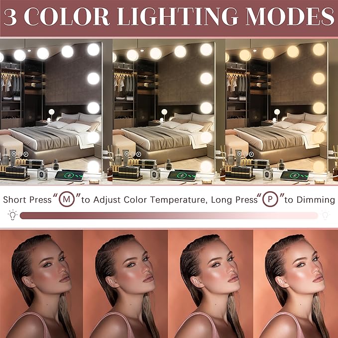 ROLOVE 32"x24" Hollywood Vanity Mirror with Lights, 18 Dimmable LED Bulbs, 3 Color Modes, 10X Magnification, USB Charging Port, Tabletop or Wall-Mounted