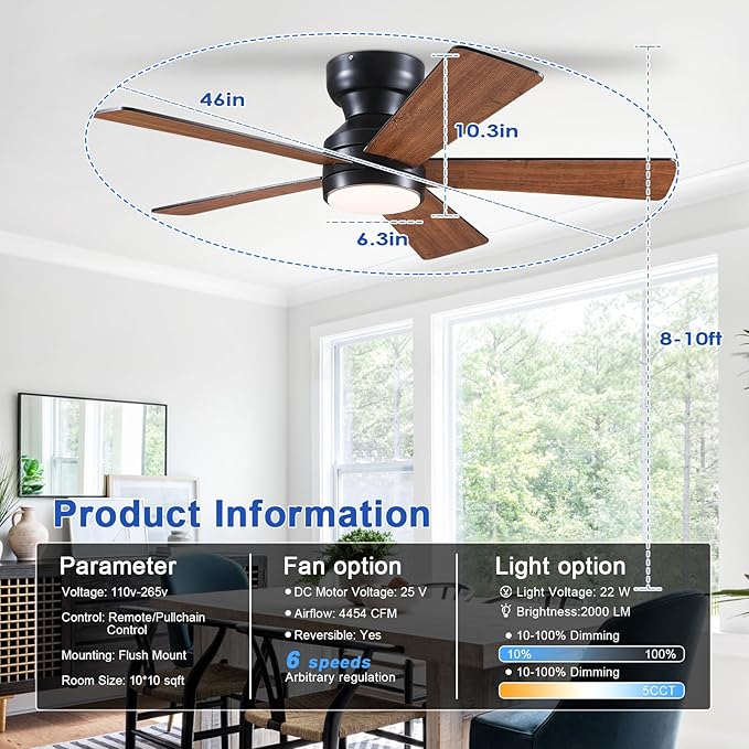Ceiling Fans with Lights Flush Mount - 46in Low Profile Ceiling Fan Remote Control with 5 Dual-Sided Blades, Reversible 6 Speeds, Dimming & 2H Timing, Indoor Fan Light for Bedroom, Kitchen