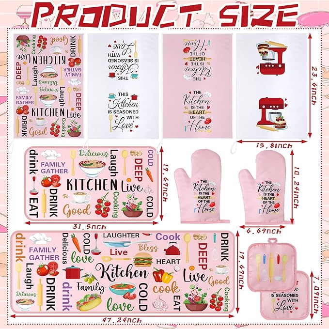 Fourluoo 10 Pcs Cuisine Pink Kitchen Decor and Accessories Set Pink Kitchen Towels Rugs Pot Holders Oven Mitts for Chef Cooking Baking Mom Housewarming Gifts