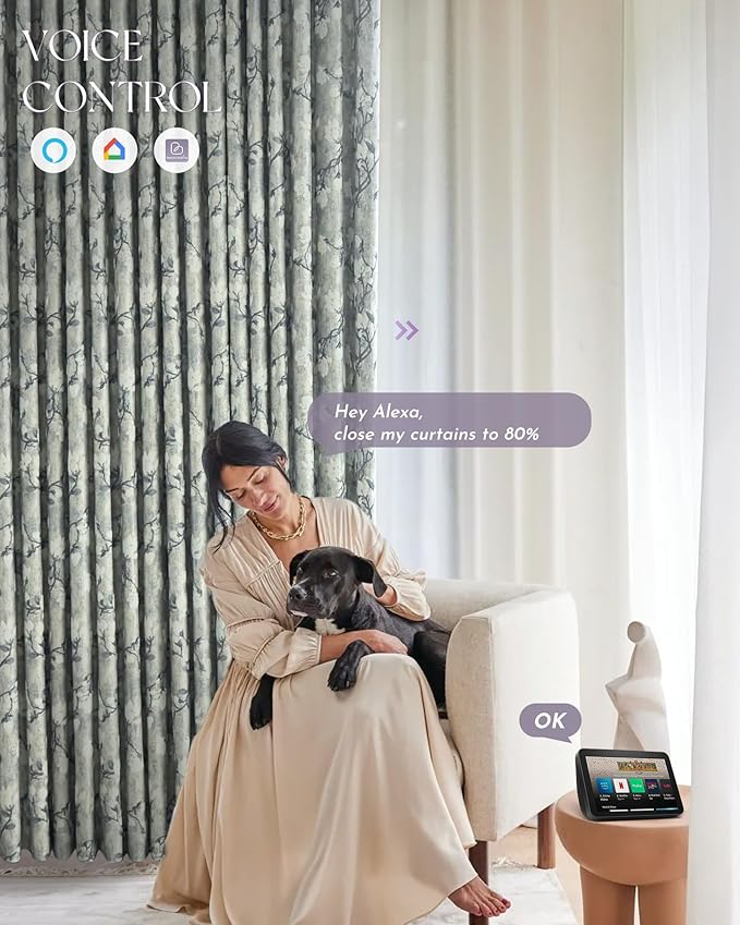 Graywind Rechargeable Smart Curtains Compatible with Alexa App Remote Control Motorized Drape for Sliding Door One-Way or Split Draw, Custom Width Up to 220" (Kapok Series)