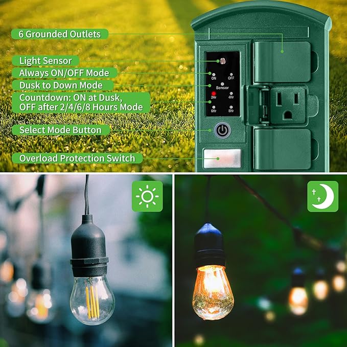 Outdoor Power Stake Timer for Christmas Light Decorations Waterproof, Dusk to Dawn, Outdoor Power Strip with 6 Outlets, 1875W/15A, 100FT Wireless Remote Control, 25FT Extension Cord, Heavy Duty
