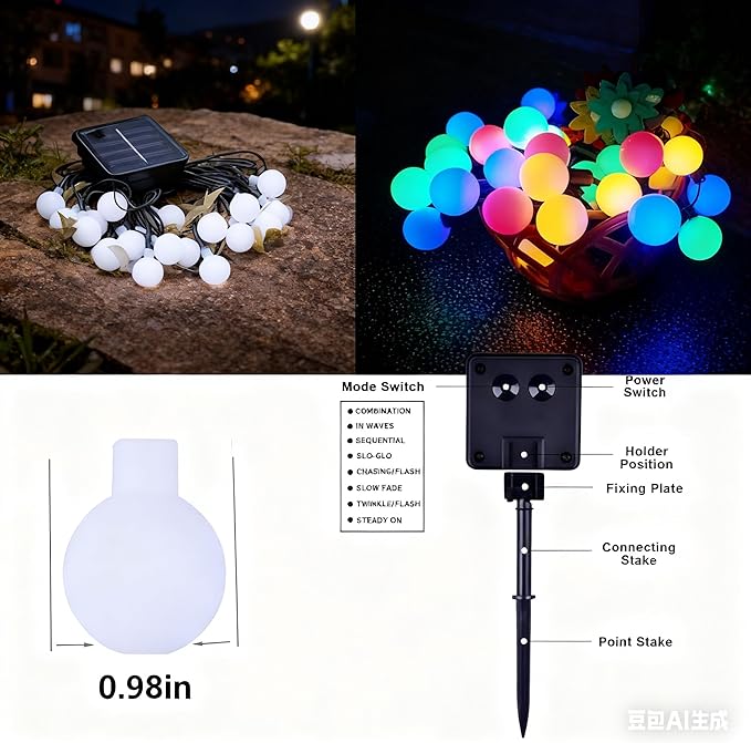 Solar String Lights Outdoor Waterproof, 30 LED 9.8Ft Total, Solar Powered Globe Patio Lights with 8 Lighting Modes for Garden Yard Porch Wedding Party Decor (Multicolor)