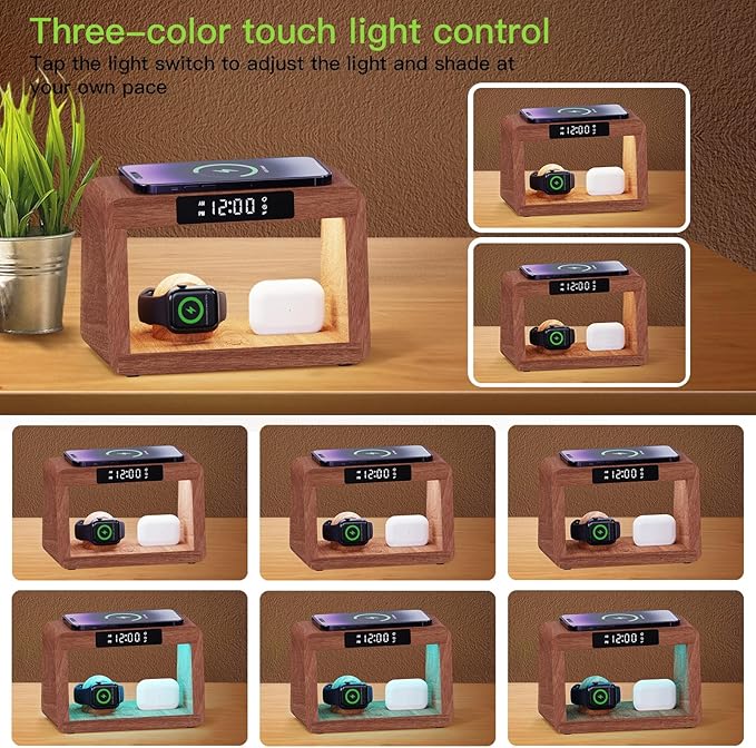 Wooden Bedside Table Lamp with Wireless Charging Station, LED Clock Display, 3 Night Light Modes, Bamboo