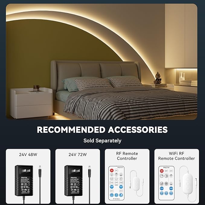 PAUTIX 5mm COB LED Strip Light 16.4ft/5m 3000K Warm White 504 LEDs/m,DC24V Flexible LED Tape for Cabinet Home DIY Lighting Projects(Power Supply&Controller Not Included)
