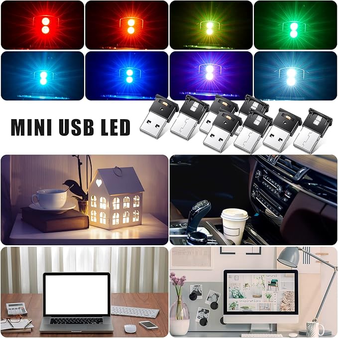 Frienda 4 Pieces Mini USB LED Light, Car LED Interior Lighting 5v Smart USB Atmosphere Light, Laptop Keyboard Office Decoration Night Lamp, Adjustable Brightness, 8 Colors (Type A)