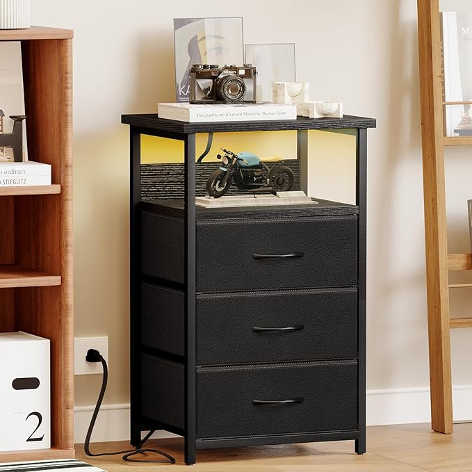Fixwal Night Stand with 3 Fabric Storage Drawers, LED Nightstand with Charging Station, Bedside Table, Black