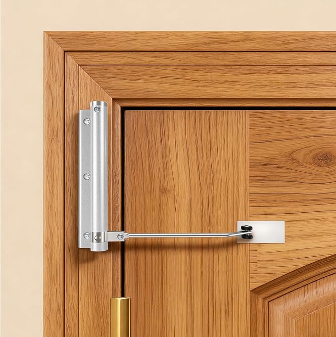 Automatic Door Closer, Stops Door Slamming, Ultra-Quiet Soft Close for Home & Apartment Doors, Upgraded Aluminum Roller Arm, Scratch-Free, Adjustable Speed, Self Closing Spring Door Closer, Silver