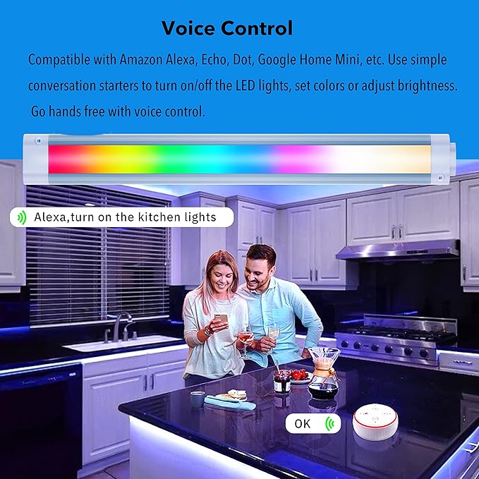Smart RGB Cabinet Lights,Color Changing & White Dimmbale Light Bar for Counter,Case,Desk,LED Light Strips with Alexa,Echo,App,Remote Control,Music Sync Indoor Room,TV,Party Lighting Decor,6pcs