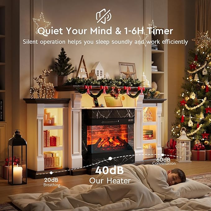 LGHM LED Electric Fireplace TV Stand with Outlet, 72'' Fireplace Mantel for TVs up to 80'', Modern Entertainment Center with 3-Sided Glass Fireplace Heater Insert for Living Room