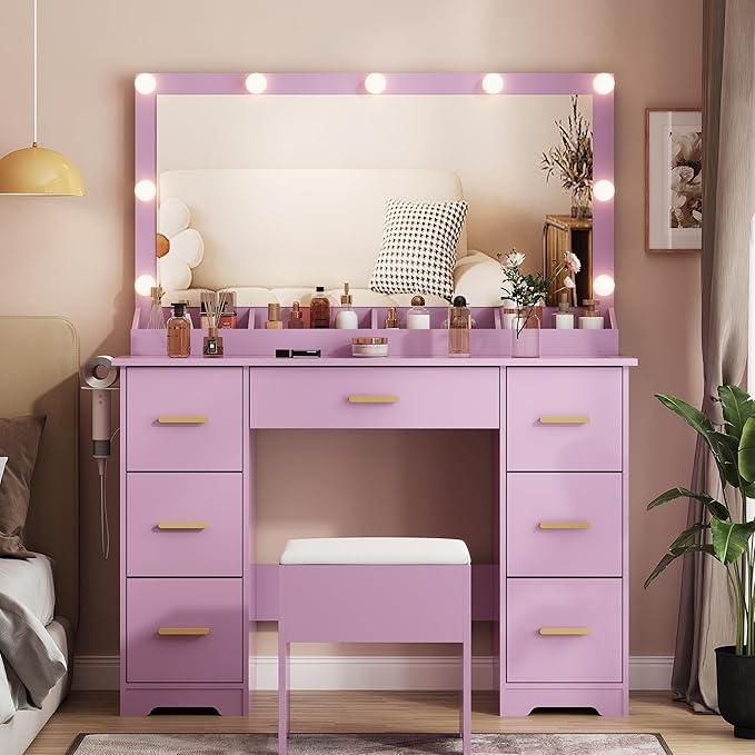 44" Vanity Desk with 38" Large Mirror and 9 LED Lights & Glass Top and Power Outlet, Makeup Vanity Set with 7 Drawers & Chair and RGB Ambient Light, Dressing Table for Bedroom, Modern Purple