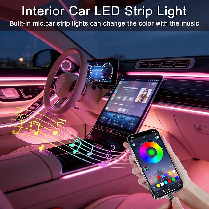 Ambient Lighting car Accessories Interior car Lights APP Control，236" Fiber Optic，5 in 1 led Strip Lights，16 Million Colors Car Neon Lights, Sync to Music（Cigarette）