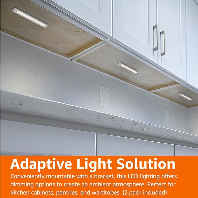 Amazon Basics LED Stick On Lights, Battery Operated, Wireless, 65 Lumens, Portable Light, Under Cabinet Lighting, Closet, Kitchen, 2 Pack, White