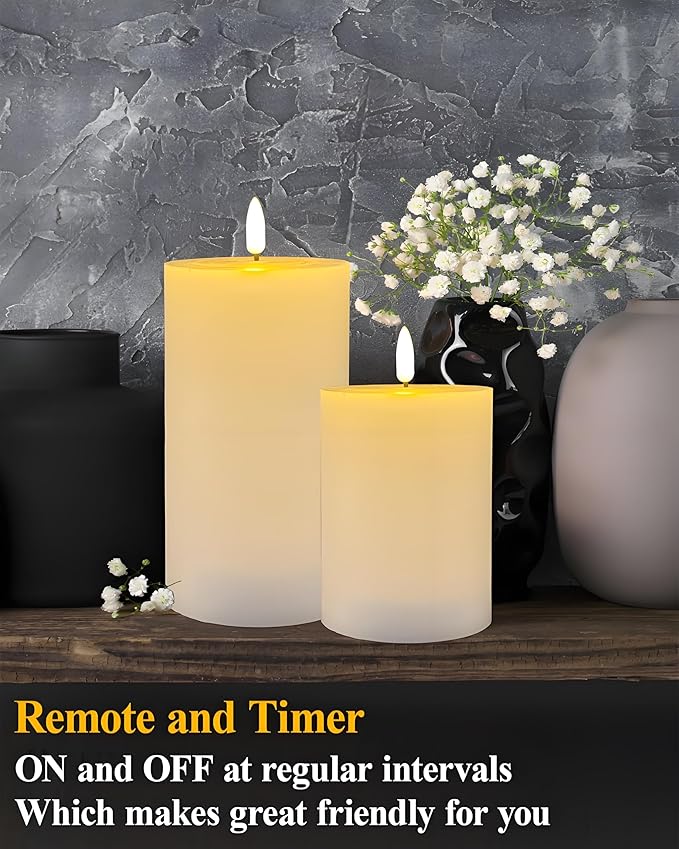 3"x4" Flickering Flameless Candles with Remote Timer, 3" Diameter White Pillar, Real Wax, Set of 2 Large Battery Operated LED Candles for Table and Fireplace Decor (H 4")